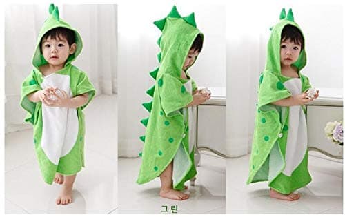 Alltops Kids Cotton Hooded Towel Cartoon Unicorn Dinosaur Bathrobe Bath Poncho Towel for Boys Girls, 0-4 years, Green Dinosaur — view 2