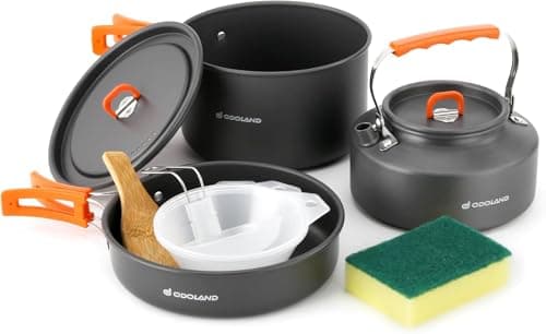 Odoland Camping Cookware Set, 10-Piece Outdoor Tableware with Camping Pot, Frying Pan and Teapot for Outdoor Cooking, Hiking, Traveling — view 6