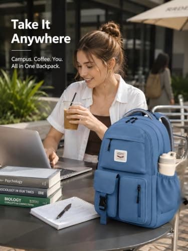 FIORETTO Lightweight School Backpack Womens, Cute School Bag for Teenager Girls, 15.6 Laptop Rucksack Backpack for School Casual Daypacks Travel Backpack for College Work Dark blue 25L — view 3