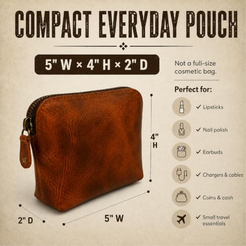 TheAntiq Leather Cosmetic Bag Small Makeup Pouch Zip Leather Toiletry Organiser Mini Travel Dopp Kit Compact Leather Case 5x4x2.5 Inch Tan — view 2