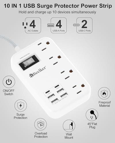 6 USB(2 USB C) Surge Protector Power Strip- 5Ft Travel Power Strip with 4.8A USB Charging Station and 4 Outlets, 13A Ultra Thin Flat Plug Braided Extension Cord with Wall Mount for Travel Office Dorm — view 3
