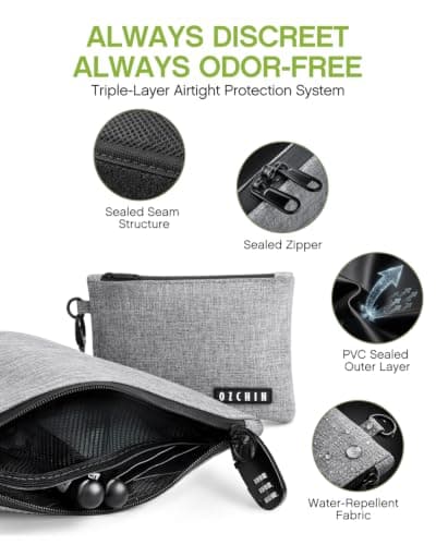 OZCHIN 2 Pack Smell Proof Bag - Mini & Large Smell Proof Container + 5 Smell Proof Baggies & Lock - Accessories Set with Carbon Lined Travel Pouches — view 6