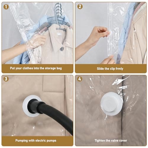 Hanging Vacuum Storage Bags, QH7 4 PCS Space-saving Vacuum Bag for Clothes, Suits, Dresses, Coats or Jackets, Clear & Reusable Closet Organizer with (4 Long 145x70cm) — view 3
