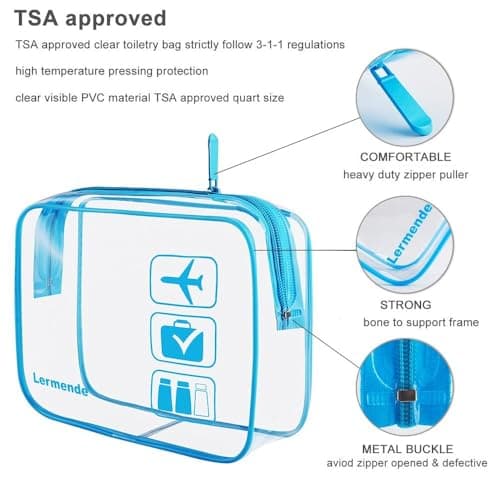 2pcs/Pack Lermende Clear Toiletry Bag TSA Approved Travel Carry On Airport Airline Compliant Bag Quart Sized 3-1-1 Kit Luggage Pouch (Blue) — view 3
