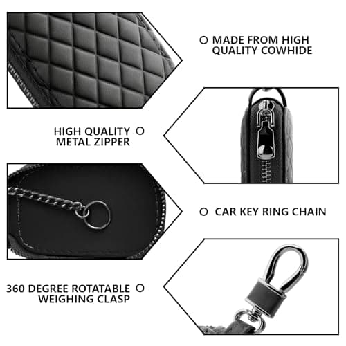 Car Key Fob Case,Genuine Leather Car Key Holder,Anti Scratch Key Holder Pouch,Waterproof Keychain Pouch with Keychain&Carabiner,Unisex-Adults Keyfob Protector for Smart Remote Fobs,Home Keys (Black) — view 3