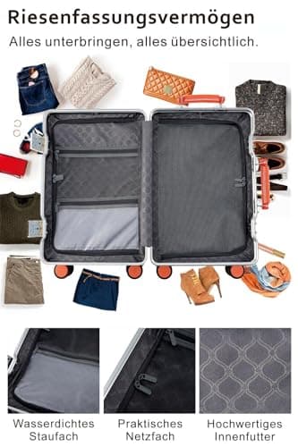 Aoliwei Aluminium Frame Travel Suitcase M (64 cm) - Premium Hard Shell Trolley for 4-6 Days Travel, with Black Genuine Leather Handle, TSA Lock & 360° Silent Double Wheels, Grey (brown genuine leather — view 4