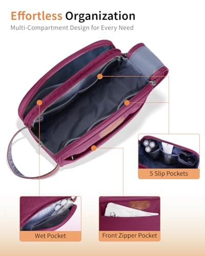 ECOHUB Toiletry Bag for Men, Water-Resistant Travel Wash Bag with Wet Pocket, Recycled Dopp Kit Shaving Bag Fit Full Size Toiletries, Wide-Open Dual Zipper Cosmetic Makeup Organizer, Red — view 6