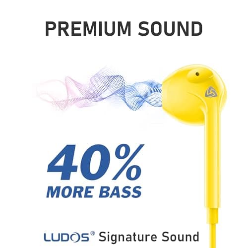 Ludos ZENITH Wired Earbuds in-Ear Headphones, 2 Year Warranty, Earphones with Microphone, Corded for 3.5mm Jack Ear Buds for iPhone, Samsung, Computer, Laptop, Kids, School Students, Woman - Yellow — view 3