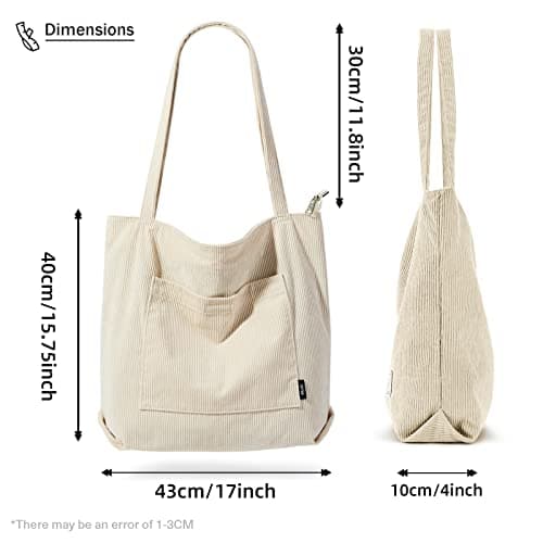 KALIDI FANCY FOREST KALIDI Corduroy Tote Bag with Zipper Waterproof Cord Tote Bag with Pockets Compartts Large Capacity Shoulder Bags Handbags for School Work Shopping Travel Daily Use,Beige — view 3