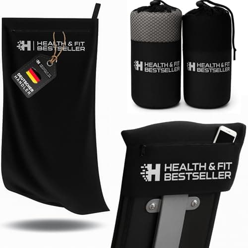Health & Fit Premium Fitness Towel with Magnet & Zip Pocket - Microfibre Sports Towel, Quick-Drying & Compact, Ideal for Gym & Training (Grey)
