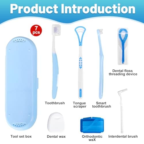 7-in-1 Travel Oral Care Kit with Case – Toothbrush, Tongue Scraper, Wisdom Toothbrush, Dental Floss, Floss Threaders, Interdental Brush, Dental Wax, Portable Hygiene Set for Daily Use Travel (Blue) — view 2