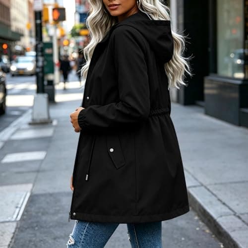Womens Lightweight Waterproof Jackets Hooded Zip Up Jacket Breathable Packable Running Raincoats Active Trench Windbreaker with Hideaway Rain Hood Light Coats for Ladies Summer Cycling Hiking Black XL — view 2