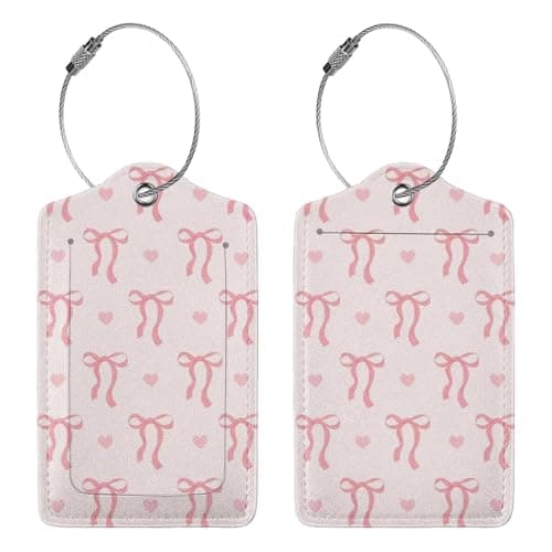 2Pcs Pink Bow Luggage Tags for Suitcase, Bow PU Leather Suitcase Tags with Protective Flap & Hanging Loop, Bow Luggage Labels for Women Girls Travel