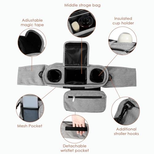Stroller Organizer with 2 Cup Holder,Pram Bag Waterproof Oxford Infant Caddy Organizer with Detachable Pocket Adjustable Shoulder Strap Organizer Portable (Grey) — view 4