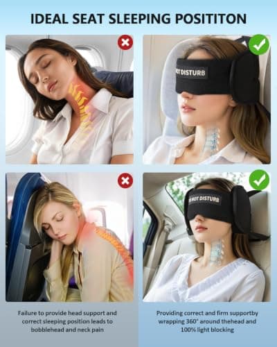 VORINA Travel Pillows for Airplanes, Airplane Pillow for Long Flights Sleeping Travel, Airplane Head Strap with Eye Mask 360° Support Headrest for Plane Road Trip Sleep, Stop Head Bobbing（Black） — view 3