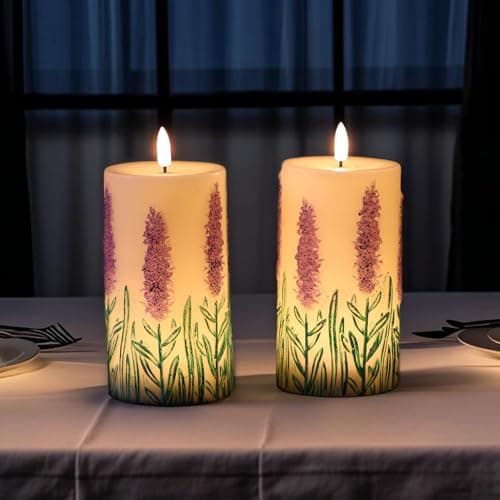 Eldnacele Lavender LED Candles Battery Operated with 6 Hour Timer, Real Wax Hand-Painted Flameless Pillar Candles with Flickering Flame for Christmas Decorations(2 Pack, 3" D x 6.5" H) — view 5