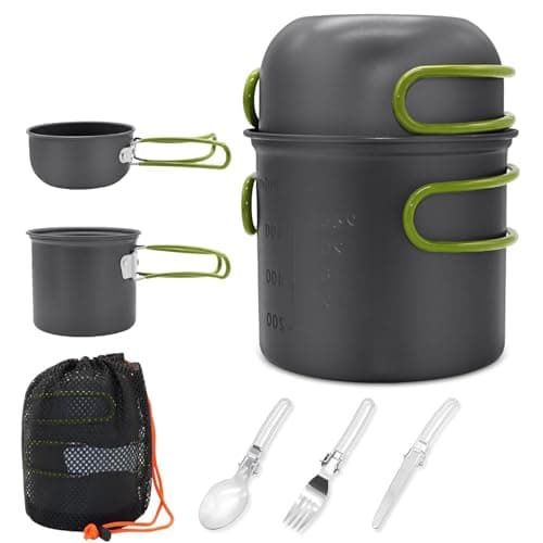 Camping Cooking Set, 6 pcs Cookware With Foldable Knife, Fork and Spoon, Portable Pots and Pans, Cooking Pot for Hiking, Fishing, Outdoor Barbeque
