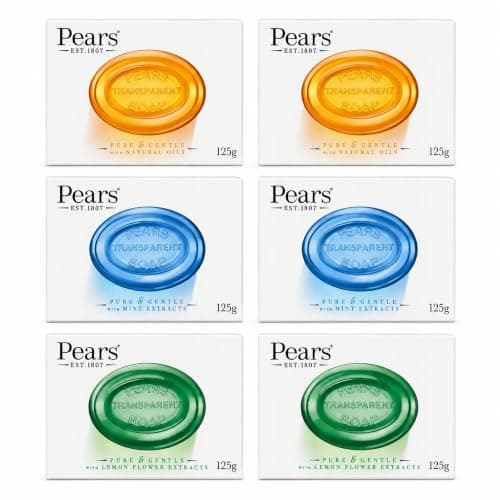 Pears Pure & Gentle Transparent Soap Bars Variety Pack, 6 x 125g – 2 Natural Oils Amber, 2 Mint Extracts Blue & 2 Lemon Flower Extracts Green – Hand & Body Cleansing Soap Multipack