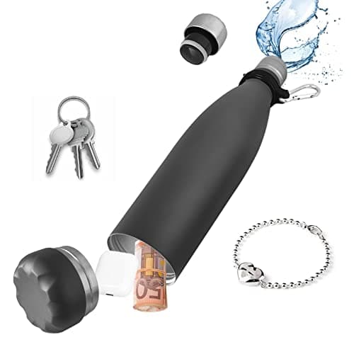 Domemit Beach Safe for Valuables, Diversion Water Bottle Stainless Steel with Hidden Compartment, Beach Travel Safe for Keys, Cash, Earphone, Leak Proof Insulated Bottle for Hot and Cold Drinks Black