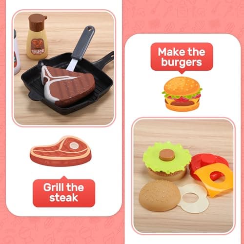 CUTE STONE Kids BBQ Grill Playset, Toy Grill Cooking Set with Sound, Lights & Spray, Play Grill Included Cookware, Play Kitchen Accessories, Play Food,Indoor Outdoor Kitchen Playset for Toddlers Girls — view 3