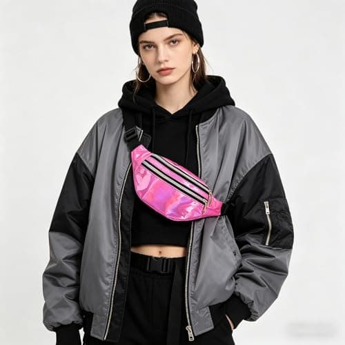 BAIYSFFG Metallic Fanny Pack Fashionable Waist Bag Waterproof Belt Bags Unisex Fashion Waist Casual Travel Bum Bag with 3 Zipper Pockets for Women Men Sports Running Hiking Jogging (Pink) — view 6