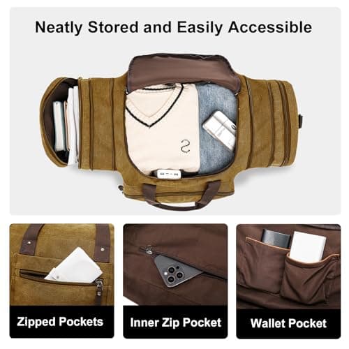 EKOROMIER Large Canvas Travel Holdall for Men – Expandable Duffel Bag – Extra Spacious Weekend Bag for Holidays, Gym & Long Trips – Camel Brown 70L — view 6