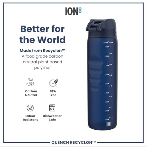 ION8 1 Litre Water Bottle, Leak Proof, Flip Lid, Carry Handle, Rapid Hydration, Dishwasher Safe, BPA Free, Contoured Grip, Ideal for Travel, Gym & Activity, Carbon Neutral Recyclon, 32 oz, Navy Blue — view 5
