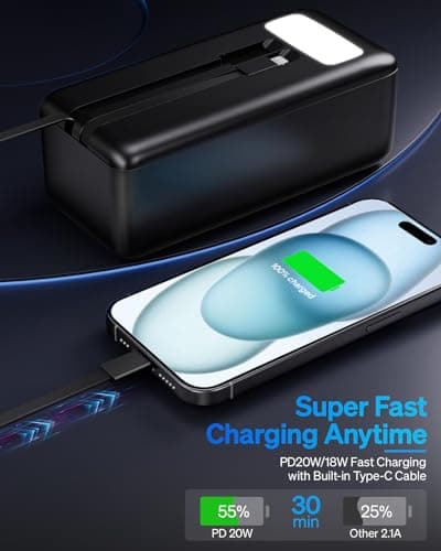 Power Bank 50000mAh Portable Charger with Built-in Cable: 22.5 W Fast Charging External Battery - Powerbank with 7 Outputs & 3 Inputs and Flashlight — view 3