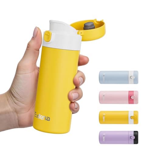 Exllena Small Insulated Water Bottle with Push-Button Lid – 220ml Mini Flask, Leakproof Mini Water Bottle for Coffee, Milk, Travel, School & Office Use(Yellow & White)