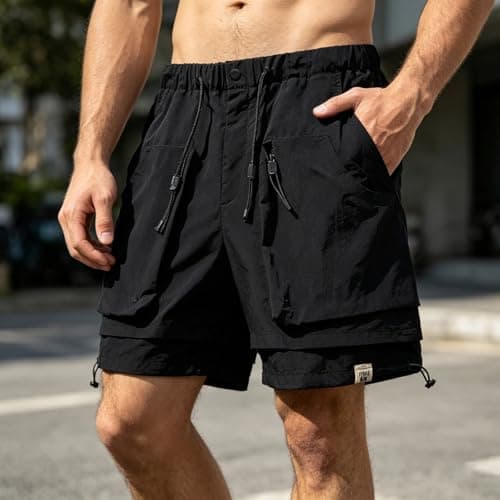 Men's Outdoor Utility Cargo Shorts with 9 Pockets for Work, Hiking & Adventure, Durable Ripstop Fabric, Quick-Dry, Multi-Color Options (Black, M) — view 2