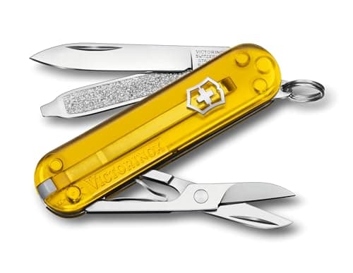 Victorinox Classic SD Mini Swiss Army Knife, Camping Pocket Knives, 7 Functions, Blade, Keyring, Yellow Transparent