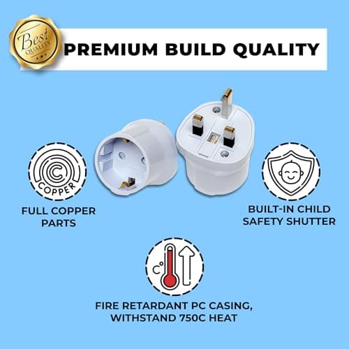 Double Dragon EU to UK Plug Adapter | European 2-Pin to UK 3-Pin Travel Adapter | Schuko & Europlug from France, Germany, Spain, Italy to UK Socket | BS8546 Certified, 13A Fused – White (2 Pack) — view 6