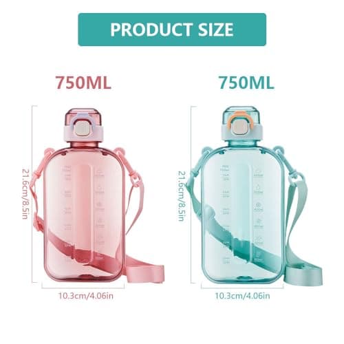 ZOYDP 2 PCS Sports Water Bottle 750ml, Flat Drinks Bottle With Adjustable Strap, Gym Water Bottle, Travel water Bottles,Leakproof water Bottles for Travel, Hiking, Camp, Picnic (Cyan+Pink) — view 2