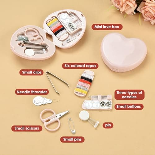 IUSOT 2Pcs Mini Sewing Kit, Travel Handbag Household Essentials Portable DIY Emergency Sewing Repair Supplies with Heart Shaped Storage Case, Needles, Cotton, Buttons, Pins, Thread, Scissors — view 4