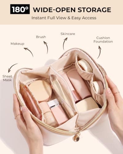 Prite Travel Makeup Bag Flat Lay Cosmetic Case with Brush Pocket, Beige, M — view 2
