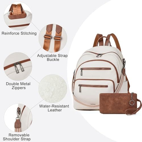 LATMAP 32L Vegan Leather backpack Women 14.5"x8.5"x16",Laptop Backpack for Women College Daypack Work Handbag Travel fits 14" Laptop Business,Beige — view 6