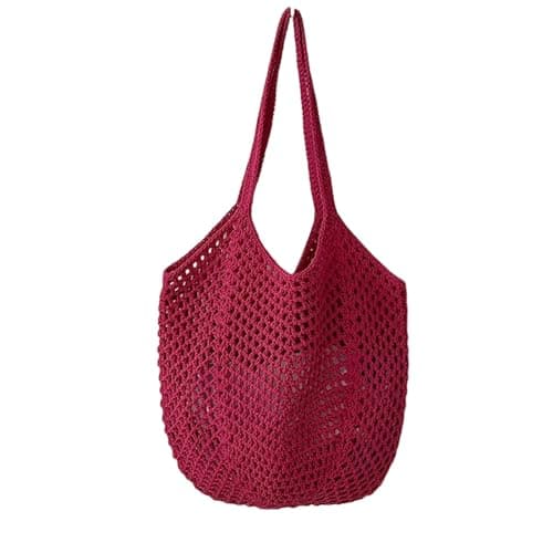 Openwork Mesh Crochet Straw Tote Bag for Women, Large Woven Hobo Handbag, Simple Summer Beach Bag (Red)