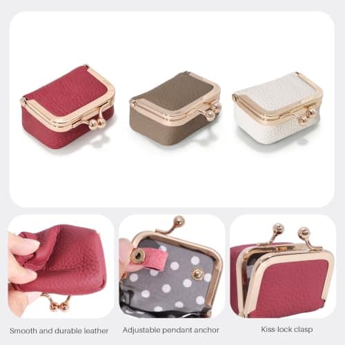 Nefokfdus Genuine Leather Mini Jewelry Box Coin Purse for Women,Solid Color Kiss Lock Jewelry Case Organizer,Mini Travel Ring Box, Wine Red, Pouch — view 4