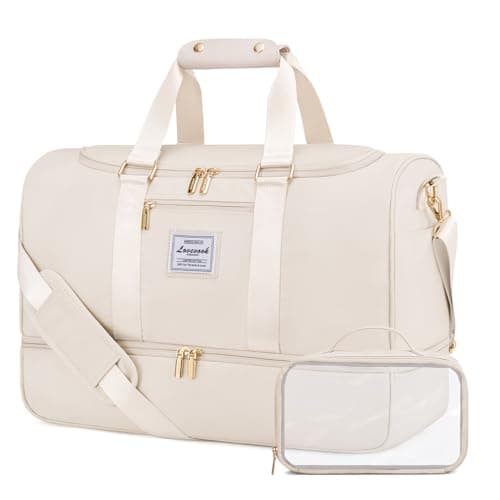 LOVEVOOK Travel Bags for Women, 50L Large Weekend Overnight Holdall Hospital Bags with Toiletry Bag, Shoe Compartment & Wet Pocket, Waterproof Cabin Hand Luggage Bag for Travel Gym Sports, Beige