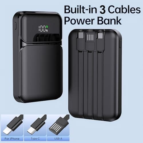 All-in-One Power Bank with Built-in Cables 10000mAh Slim Portable Charger with Smart LED Display Fast Charging External Battery Pack Compatible with iPhone Google Pixel & More (Black, 10000mAh) — view 6