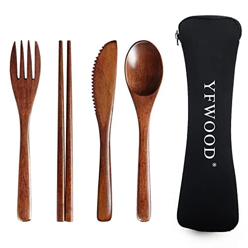 YFWOOD Wooden Cutlery Set, 4PCS Wooden Travel Cutlery, Spoons Forks Set
