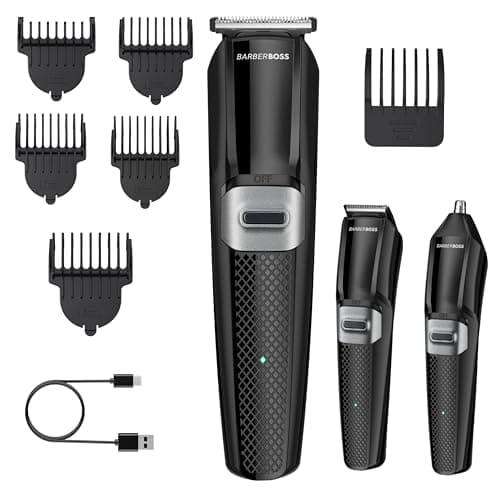 BarberBoss Cordless Grooming Kit for Men, Beard Trimmer, Hair Clipper & Nose Hair Trimmer, Men’s 3-in-1 Facial Groomer with USB Charging