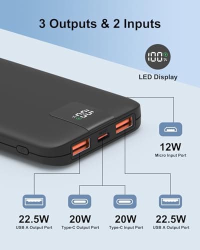Odetrik Portable Charger 10000mAh 22.5W Power Bank, Fast Charging External Battery Pack with 3 Outputs & 2 Input, Type-C In/Out, LCD Display Slim Portable Phone Charger for Smartphone, Tablets (Black) — view 5