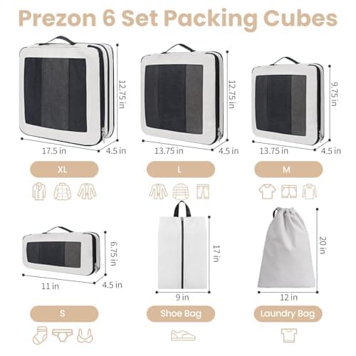 Prezon Compression Packing Cubes for Carry on Luggage, Full Open & Mesh Visible Design, 6 Set Expandable Travel Packing Organizer with Laundry Bag and Shoe bag for Vacation, Camping, Business — view 3