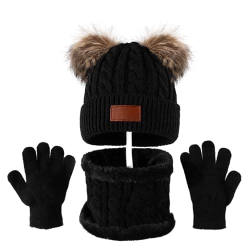 MUNSKT 3Pcs Kids Winter Warm Beanie Hat Scarf Gloves Set for 1-5 Years Old Boys Girls. Winter Accessories Sets for Children Outdoor Sports, Knit Thick Warm Fleece Lined Thermal Sets (Black 2) — view 4