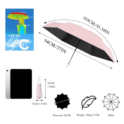 Travebo Mini Travel Folding Umbrella With Retractable Rope and Wide Umbrella Strap, Portable, Small Compact, Case, Water Proof, UV Protection,Sun Rain, 240g, 6 Ribs,Child Women — view 2