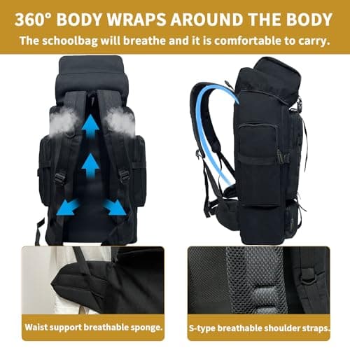 Vaupan Hiking Backpack, 80L Camping Military Tactical Backpack with USB Charging Port, Waterproof Large Travel Daypack Outdoor MOLLE Rucksack for Men Women (Black) — view 5