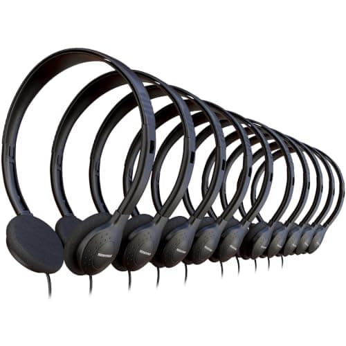 10 Pack Bulk Wired Headphones, On Ear with 3.5mm Jack, 4ft Tangle Free Cable, Comfortable Fit, Affordable and Cost Effective, Ideal for School Classroom Testing Students Events Groups, Black