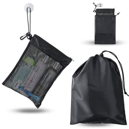 Waterproof Toiletry Bag - Bathroom Mesh Bag Travel Hanging Mesh Toiletries Bag with Drawstring Hook Sucker for Gym Camping Travel Business