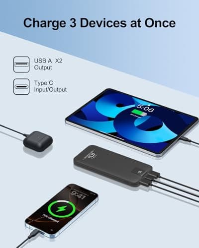 Odetrik Portable Charger 10000mAh 22.5W Power Bank, Fast Charging External Battery Pack with 3 Outputs & 2 Input, Type-C In/Out, LCD Display Slim Portable Phone Charger for Smartphone, Tablets (Black) — view 3